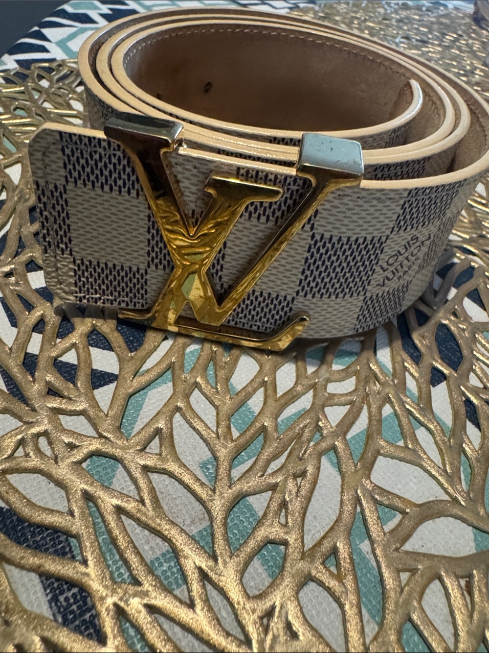 Louis Vuitton Damier Azur Canvas Gold LV Buckle Belt - Authentic